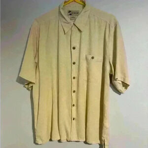 Men’s L Havanas Cafe 100% silk button down shirt yellow EUC